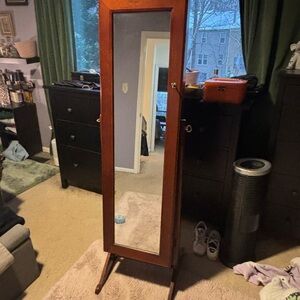 Wooden Full-Length Jewelry Armoire w/ Full Length Mirror